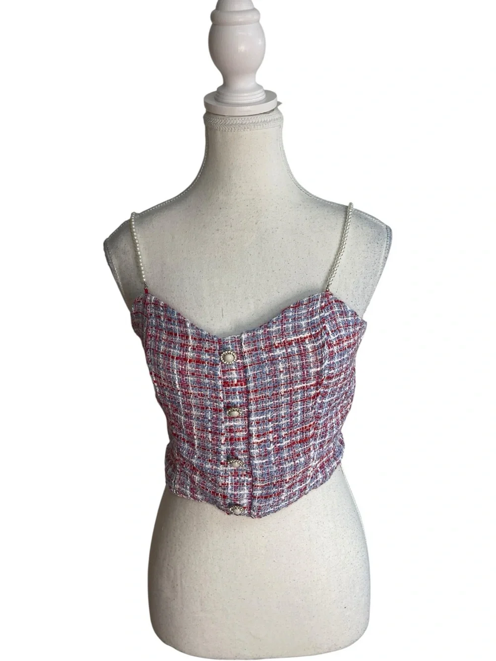 Zara Tweed Corset Crop Top with Pearl Straps Red Blue
